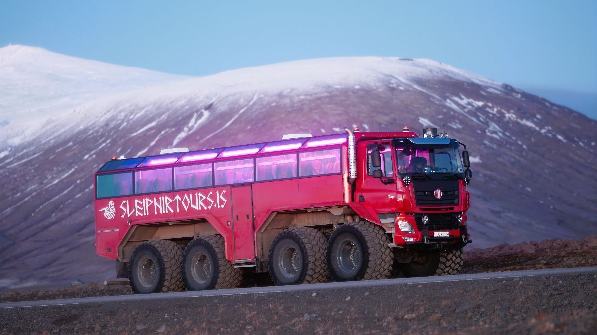 Sleipnir Monster Truck driving along the Icelandic Higland road Kjölur
