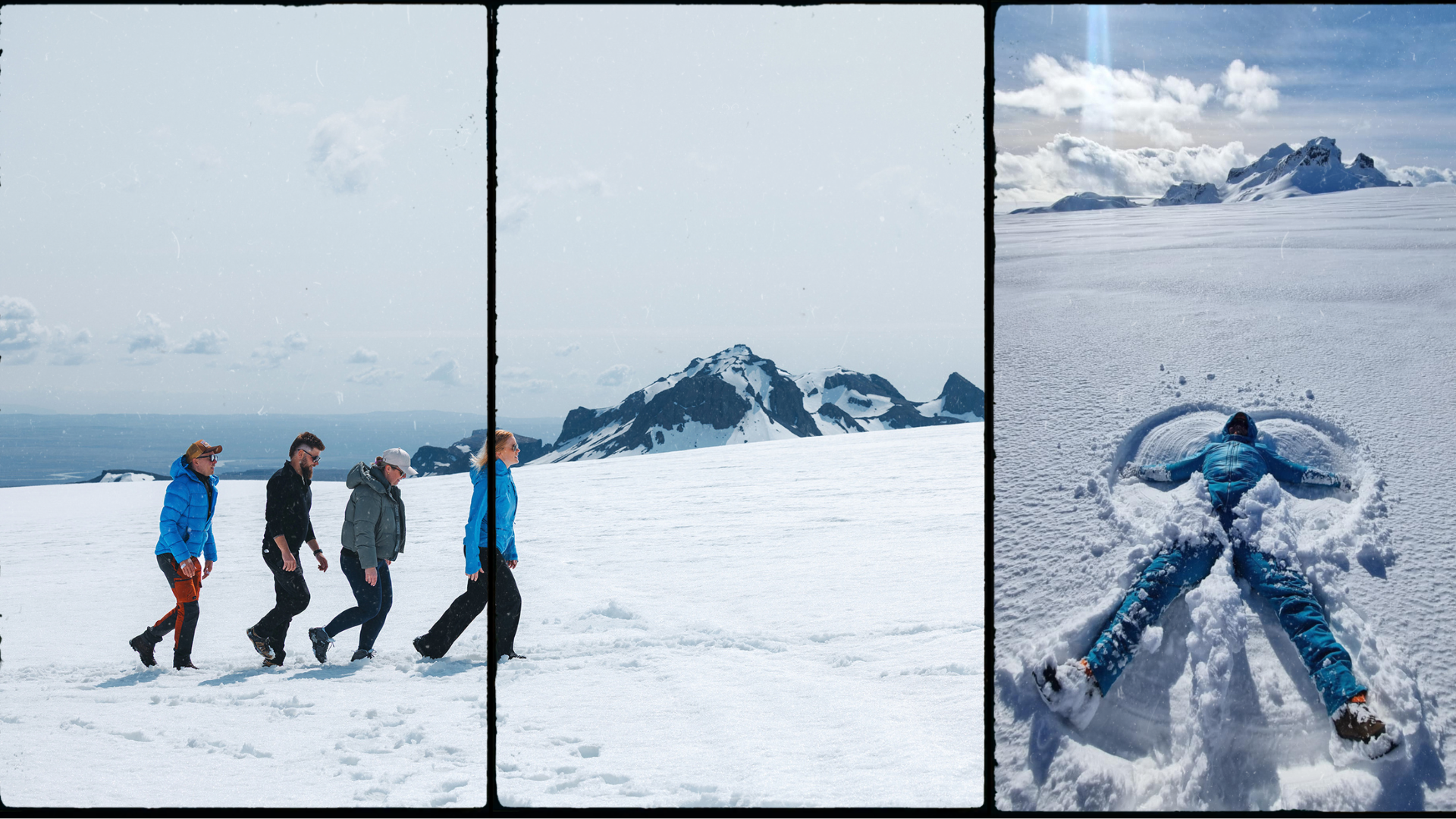 Guests walking on Langjökull glacier and making a snow angel on Langjökull glacier