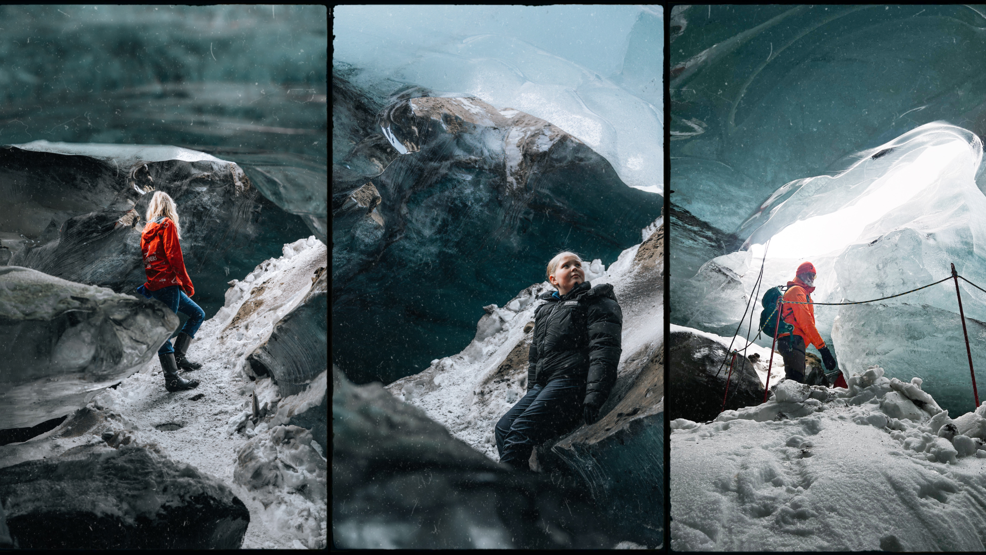 Tourists exploring the bright sapphire blue walls of a natural ice cave on Langjökull glacier with Sleipnir Tours.