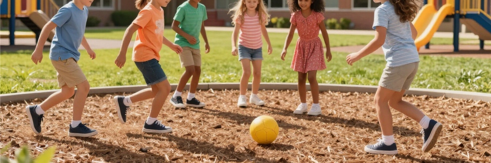 6 children playing kickball in front of a school building on bark dust.