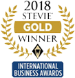 The logo for the 2018 stevie gold winner international business awards.