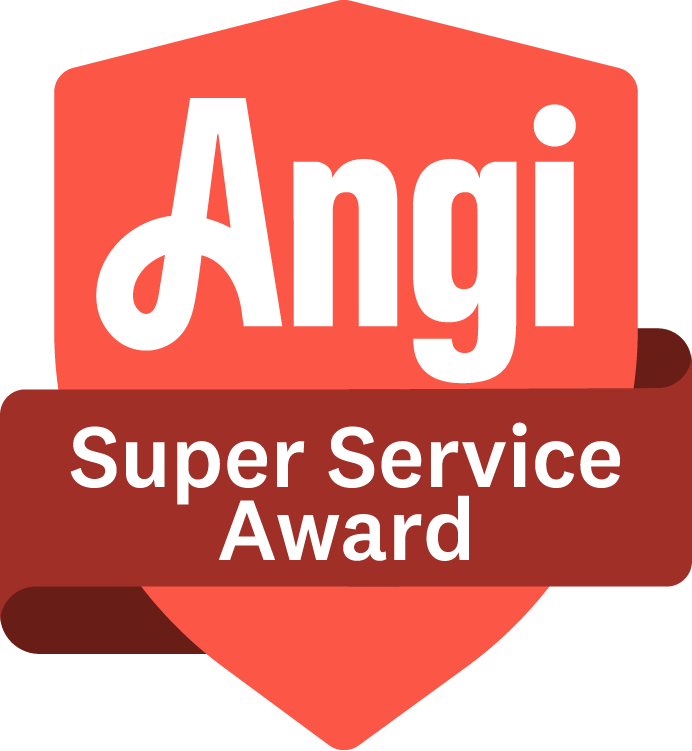 A red shield with the words angi super service award on it