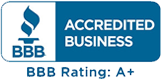 A blue and white sign that says `` accredited business bbb rating : a + ''.