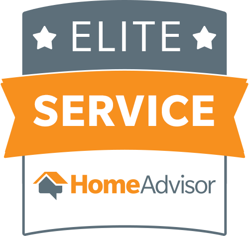 An elite service home advisor logo with an orange ribbon.