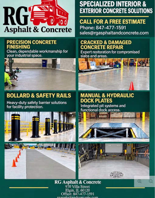RG Asphalt & Concrete ad showing precision concrete finishing, crack repair, bollards, and dock plates. RG Asphalt & Concrete ad showing precision concrete finishing, crack repair, bollards, and dock plates.