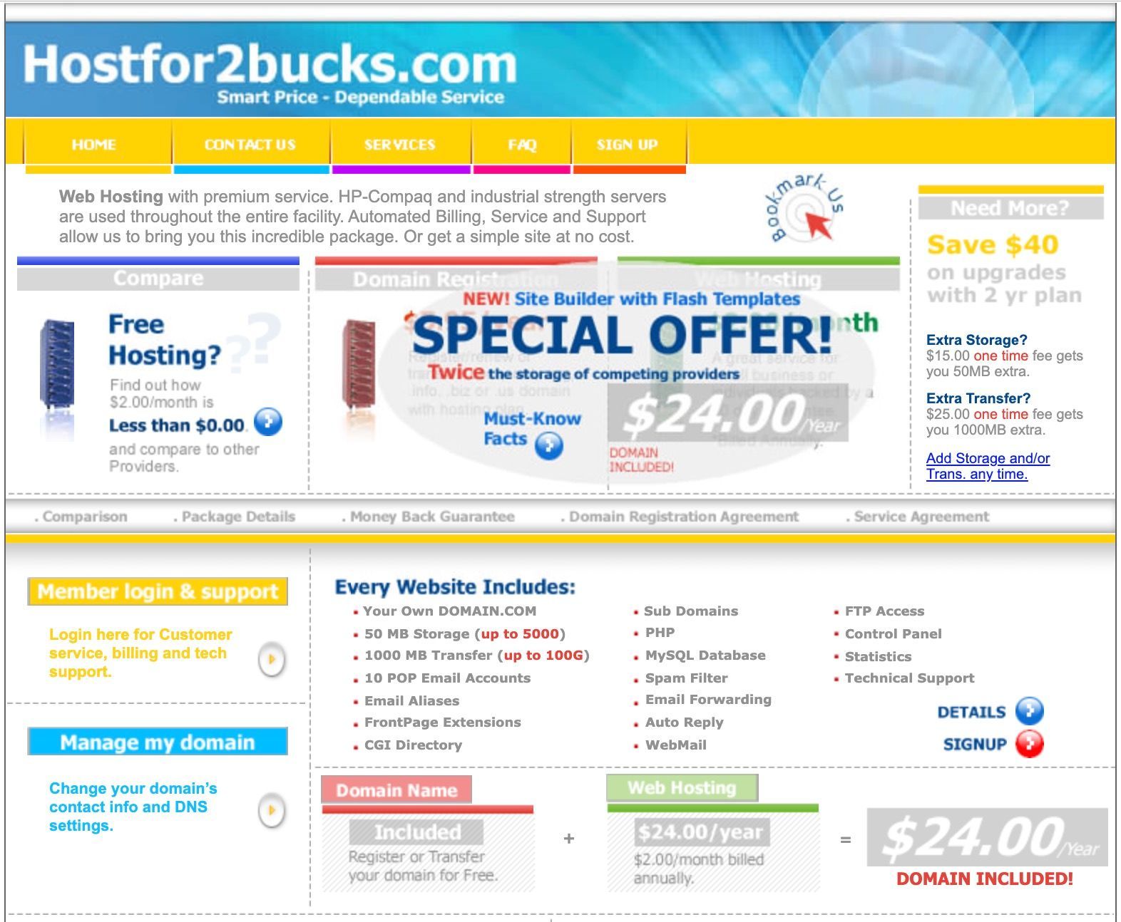 Web hosting website homepage with blue header, “Special Offer” banner, and pricing panels