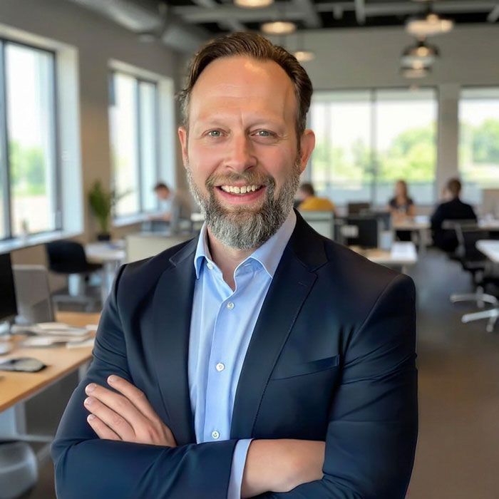 Smiling man in a navy suit with arms crossed in a modern office meeting space