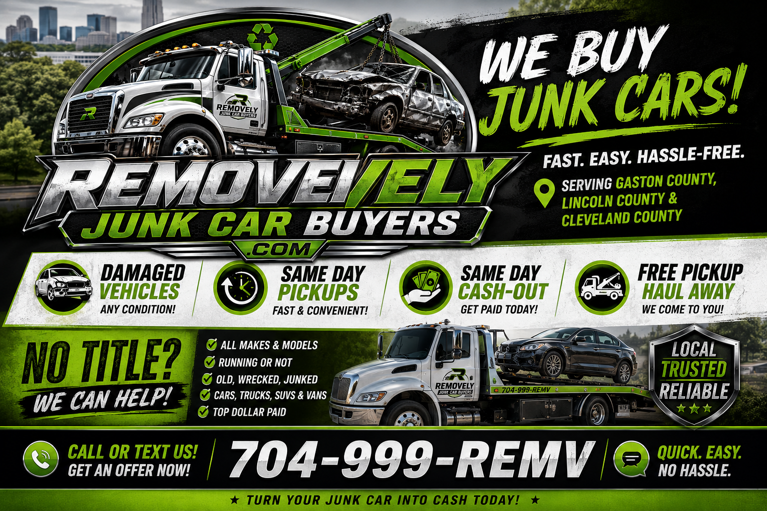 No Title? We Can Help! Removely Junk Car Buyers pays cash same-day โ free hauling and pickup across Gaston, Lincoln, and Cleveland County.