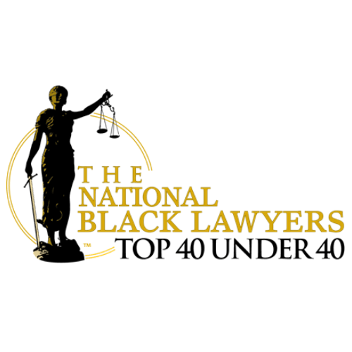 Logo for The National Black Lawyers Top 40 Under 40 featuring a gold scales of justice statue against a thin gold circle.