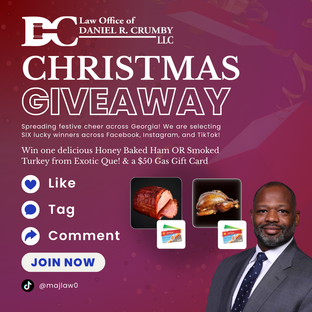 A Christmas giveaway ad for the Law Office of Daniel R. Crumby, featuring a ham, turkey, and $50 gas card prizes.