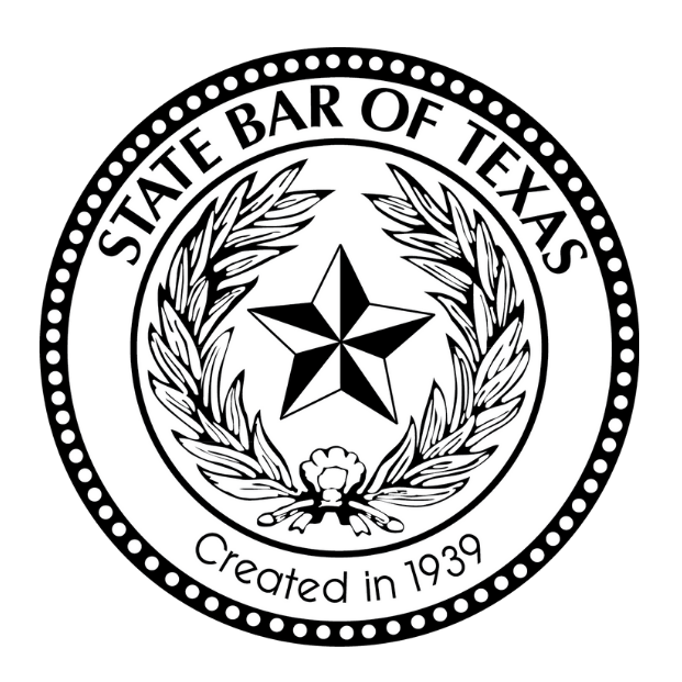 Black and white seal of the State Bar of Texas, featuring a central star surrounded by laurel leaves.