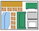 Top-down view of a cargo container filled with boxes, two couches, and other equipment. Various colors used throughout.