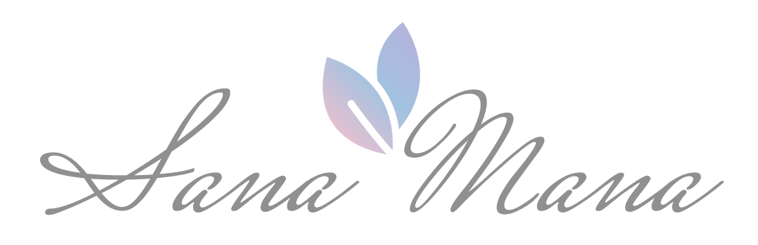 Logo with the words "Sana Mana" and a two-leaf design in pastel colors.