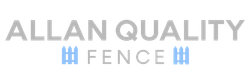 Allan Quality Fence logo in gray and light blue with fence icon accents