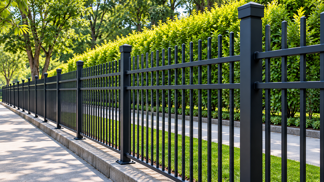 Backyard with green chain-link gate, grassy yard, and flower bed with red blooms in front