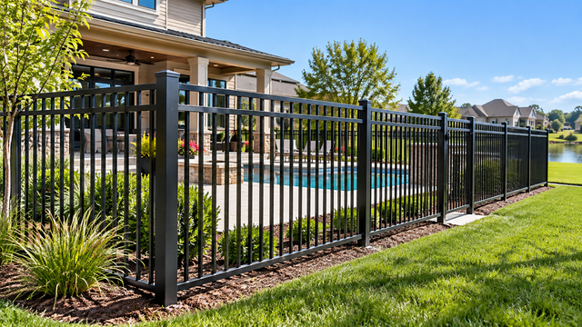 Backyard with green chain-link gate, grassy yard, and flower bed with red blooms in front
