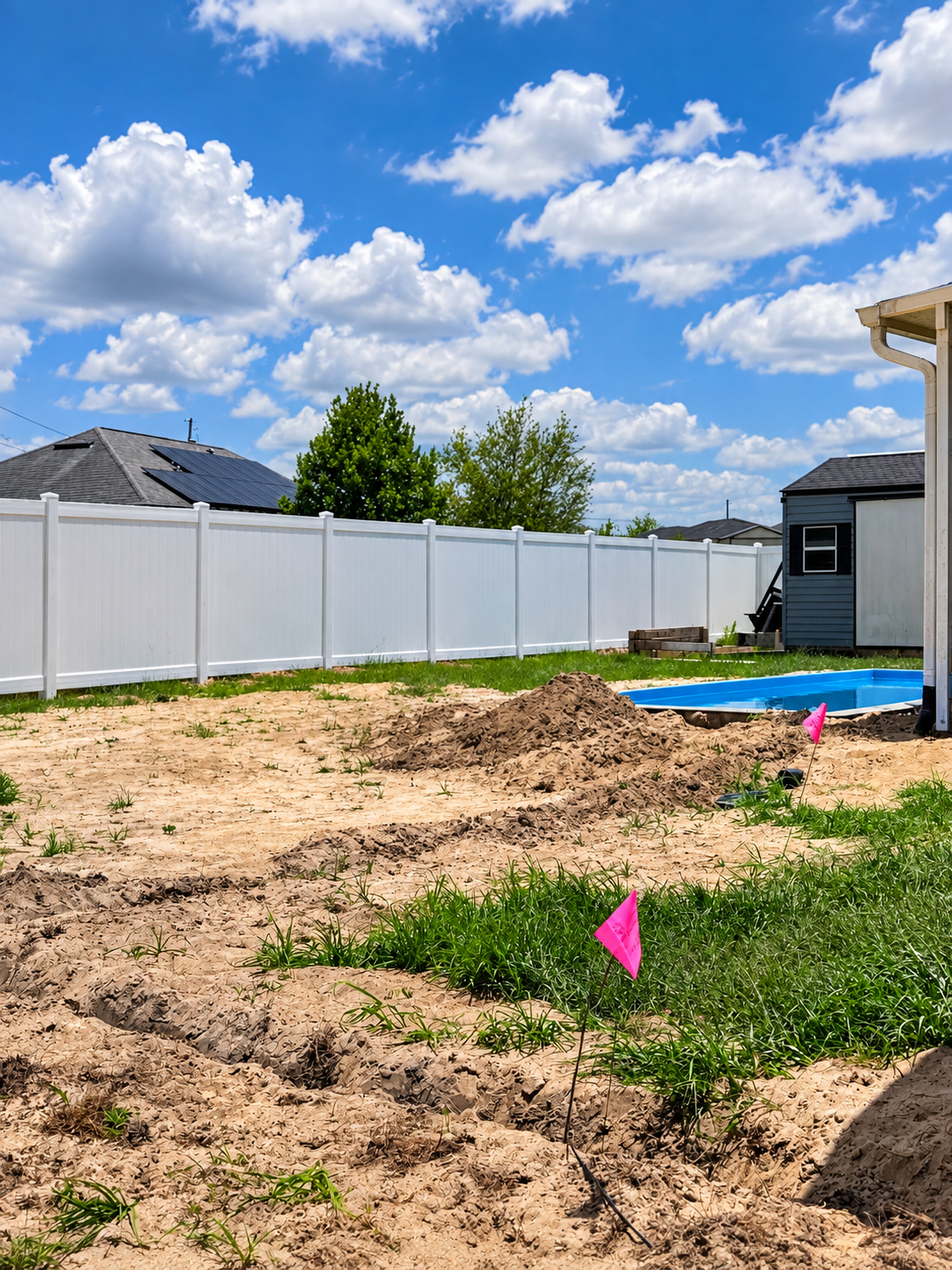 Backyard construction site with dirt piles, white fence, blue pool cover, and pink flags under a sunny sky