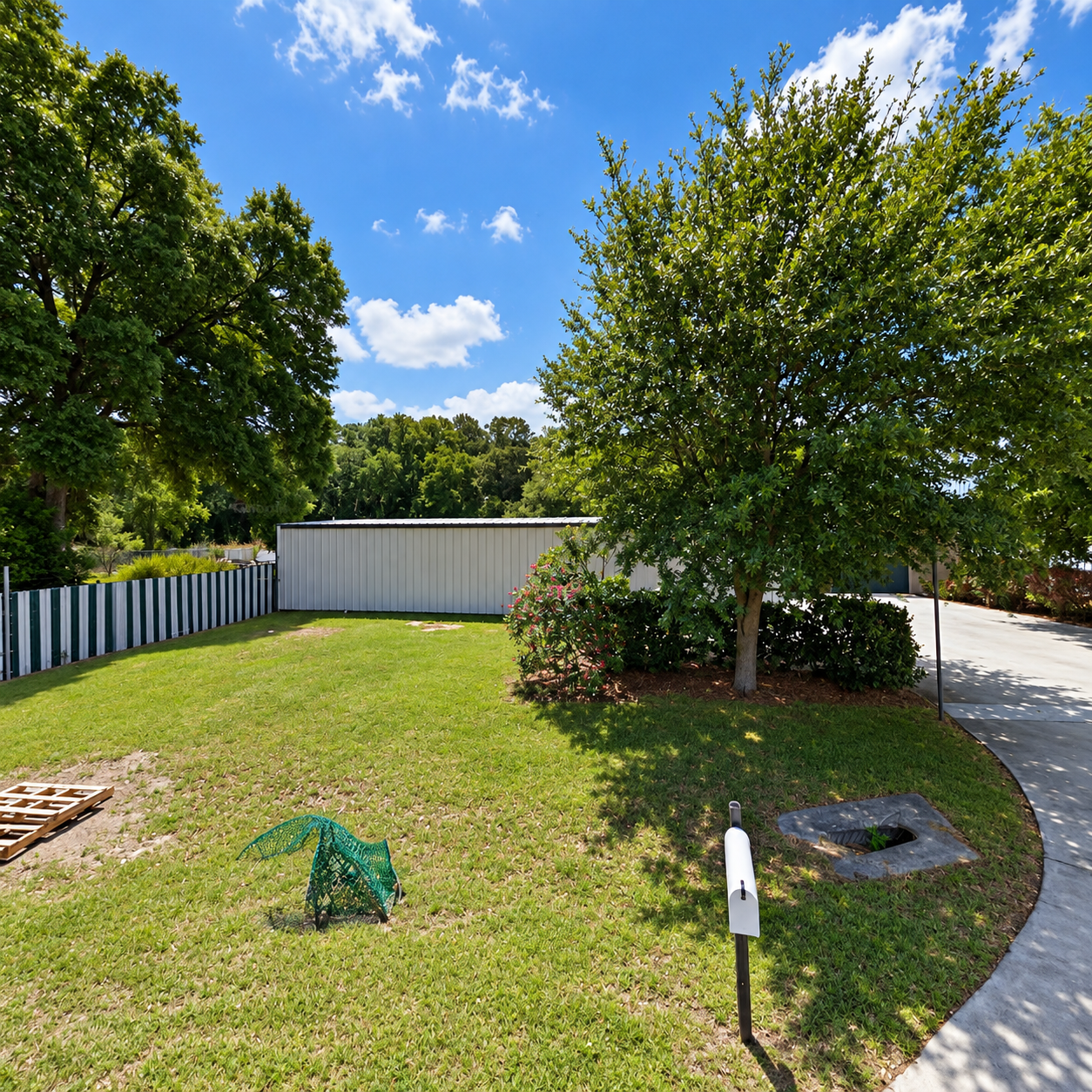 Sunny backyard with green lawn, trees, white fence, and a curved driveway under a blue sky