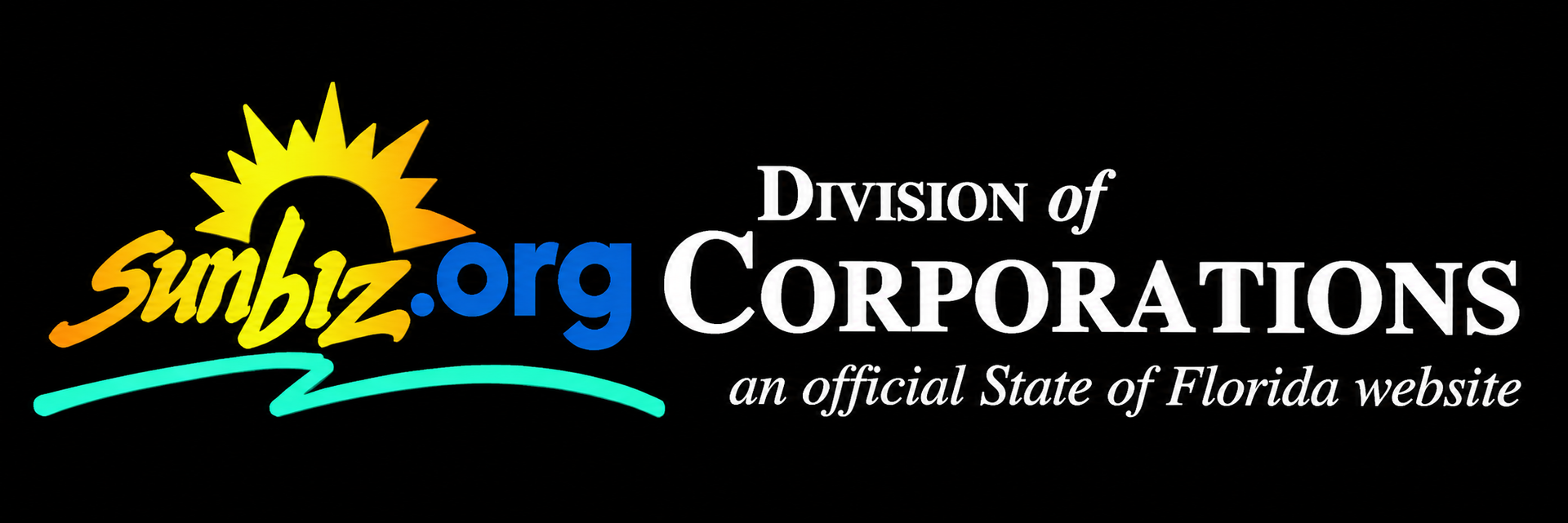 Simbiz.org Division of Corporations logo on black background with yellow sun and teal underline.