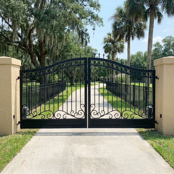 Black wrought-iron gate across a driveway with palm trees and a paved path behind it