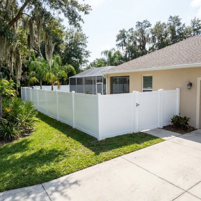 White fence enclosing a beige house with a patio and driveway in a sunny yard