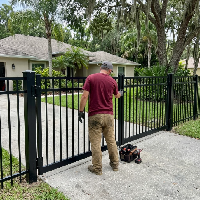 Person working on a black metal fence in a driveway beside a house, with a tool bag nearby.