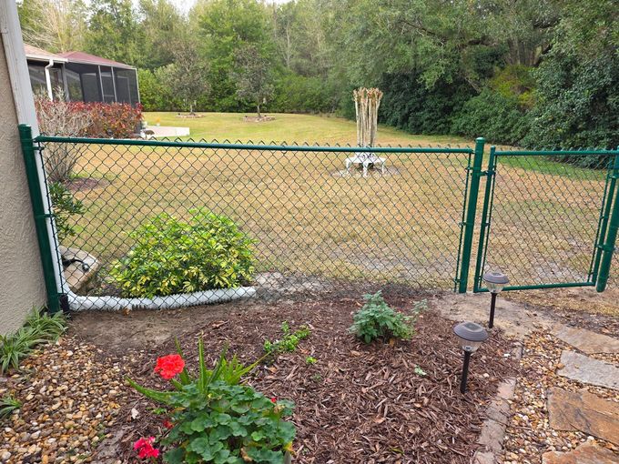 Backyard with green chain-link gate, grassy yard, and flower bed with red blooms in front