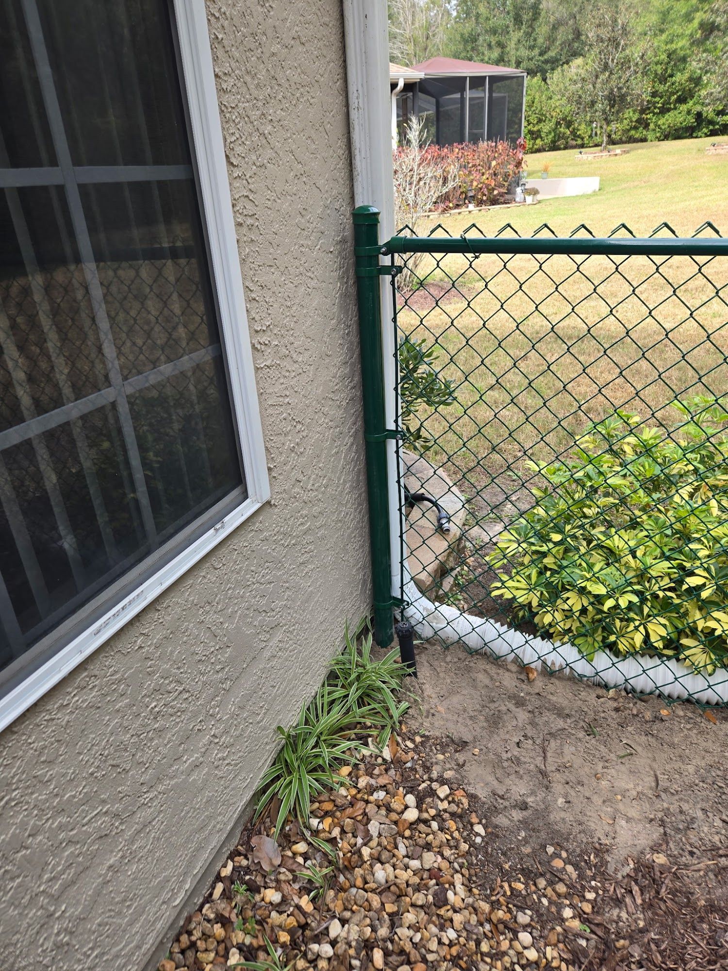 Patio corner with beige house wall, window, green chain-link fence, and small dog peeking by the gate