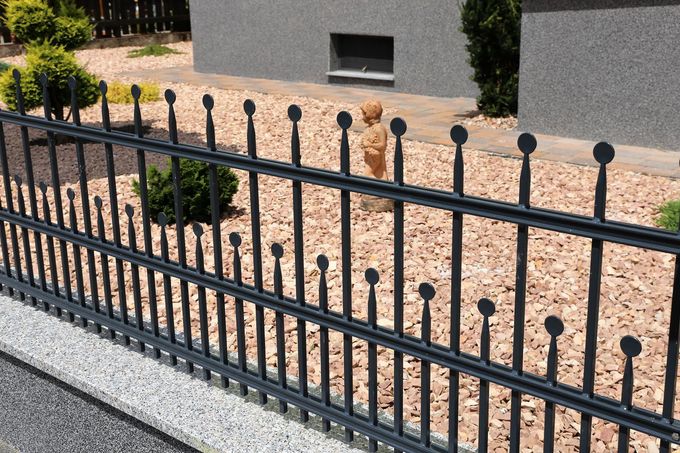 Backyard with green chain-link gate, grassy yard, and flower bed with red blooms in front