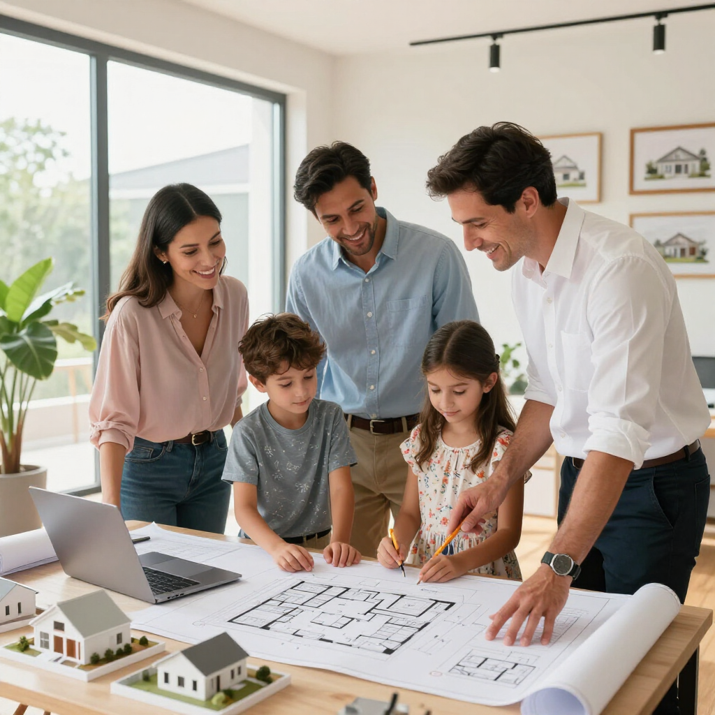Group reviewing architectural plans and laptop at a bright table with model houses and sketches