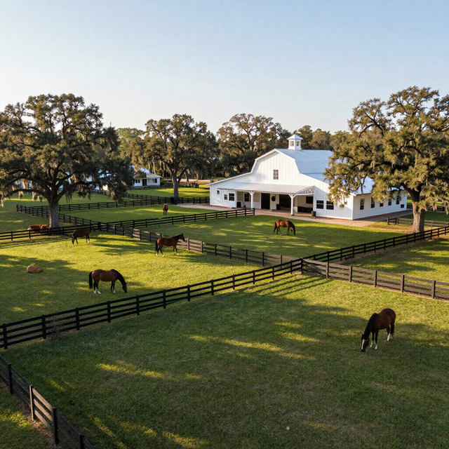 Florida horse farm with paddocks and mature oaks