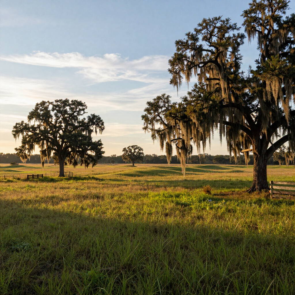 Ocala landscape with rolling pastures and moss-draped oaks at golden hour