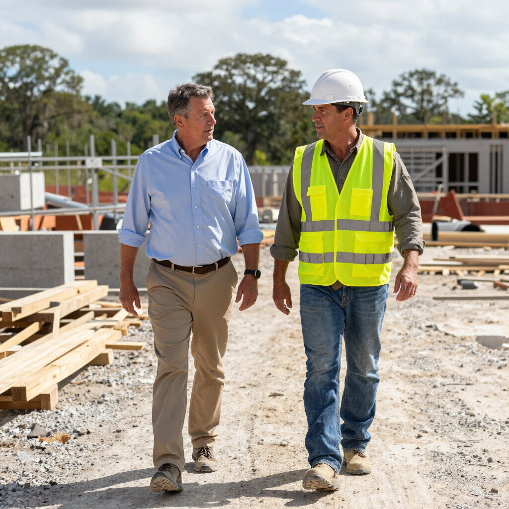 Client walking a job site with a builder, documentary style