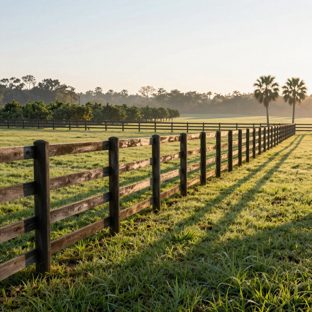 Equestrian property fence line in early morning light, Florida horse country