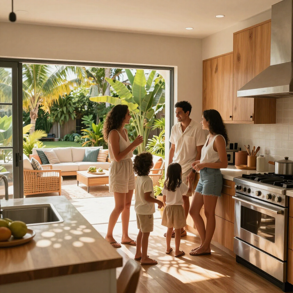 Family in an open kitchen, candid natural-light moment