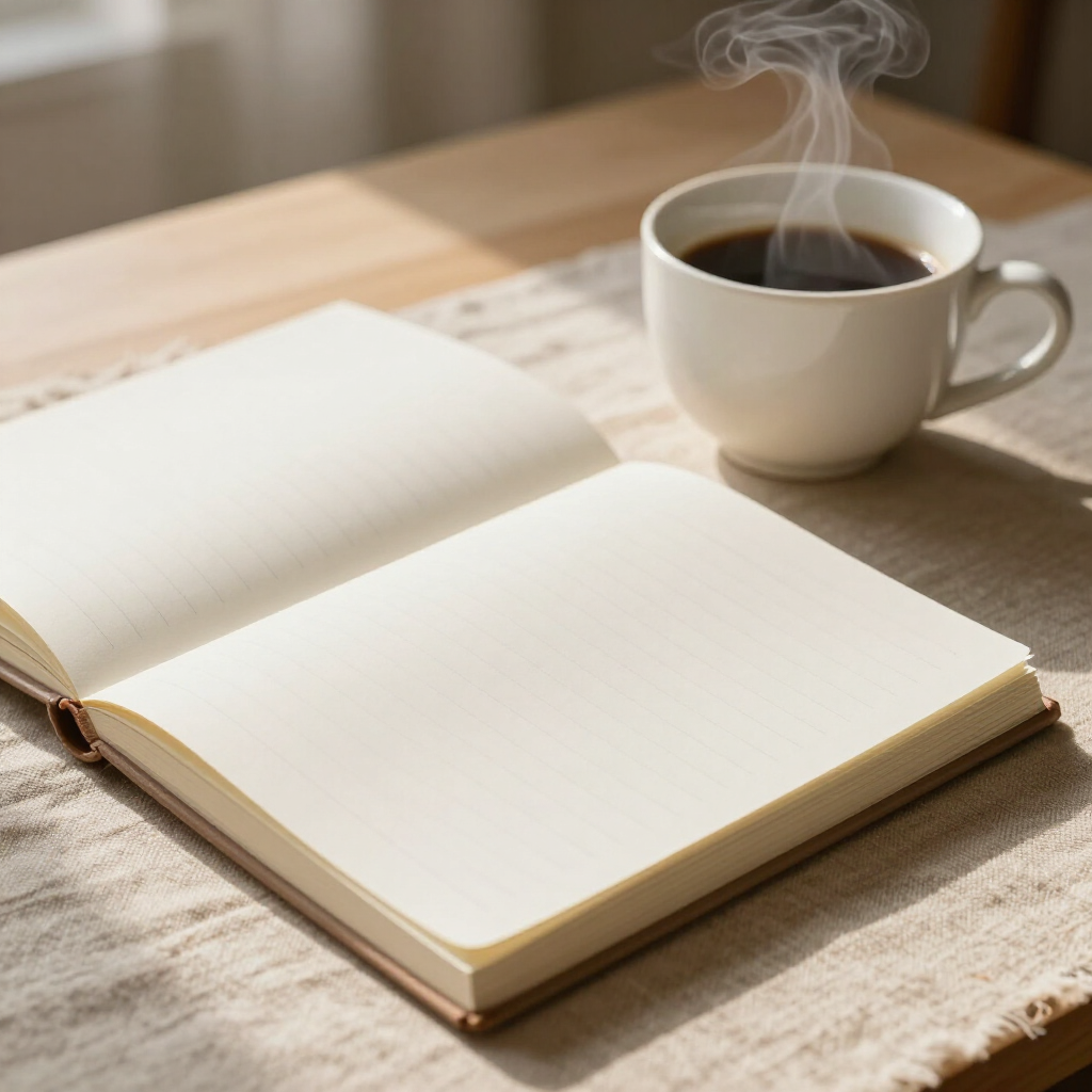 Open notebook on a linen-surface desk with coffee, editorial