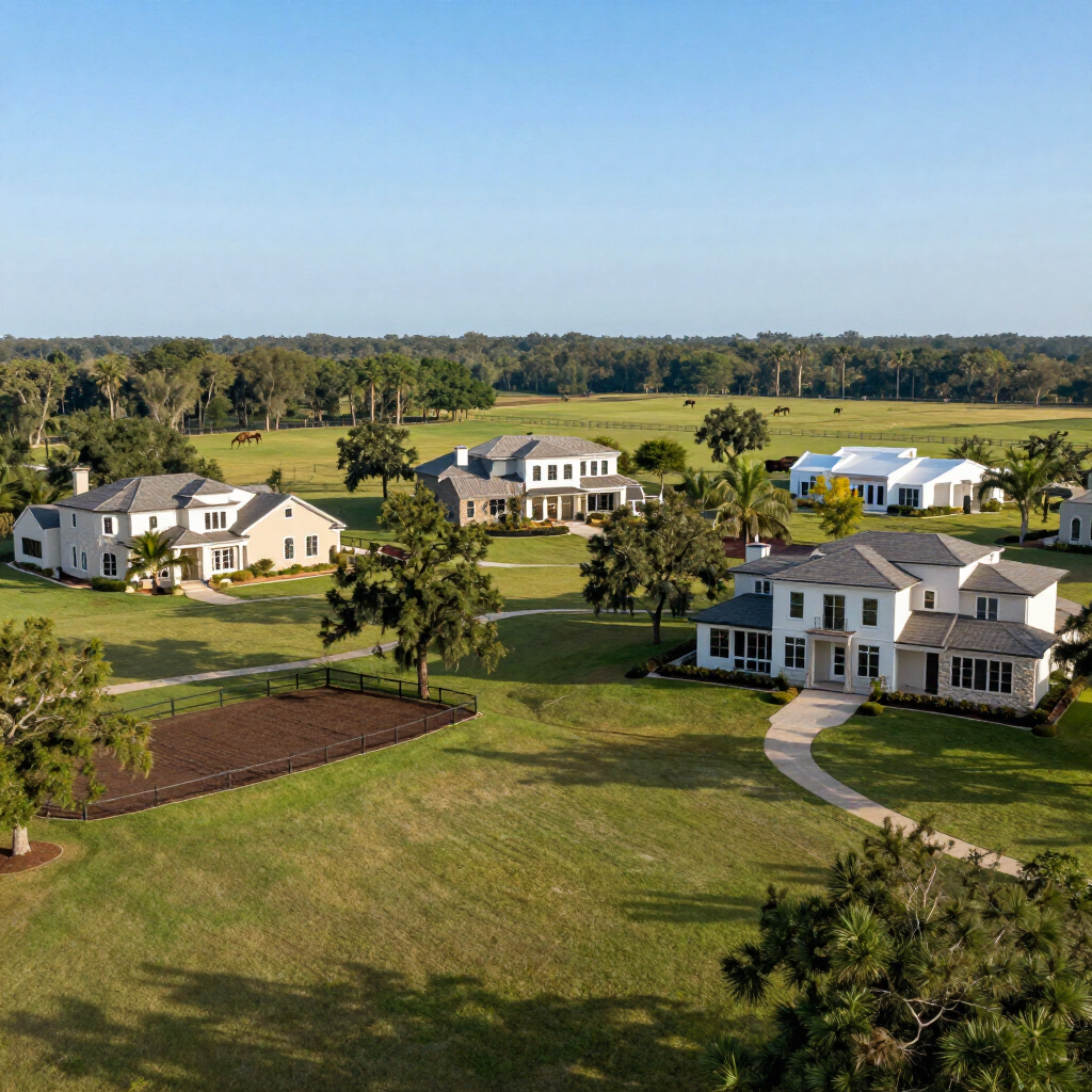 Aerial view of several white houses on large green lots in a rural neighborhood under a blue sky