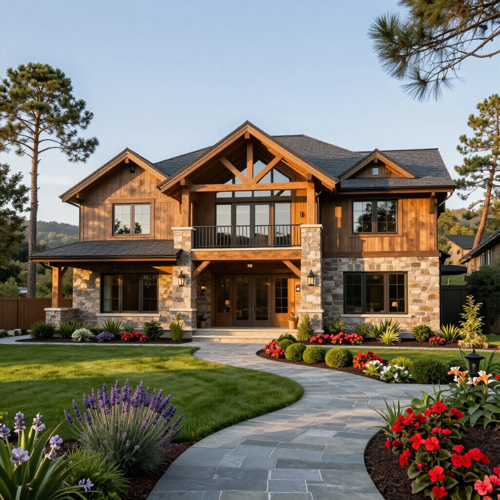 Luxurious two-story modern home with stone and wood accents, landscaped garden, and curved walkway at sunset