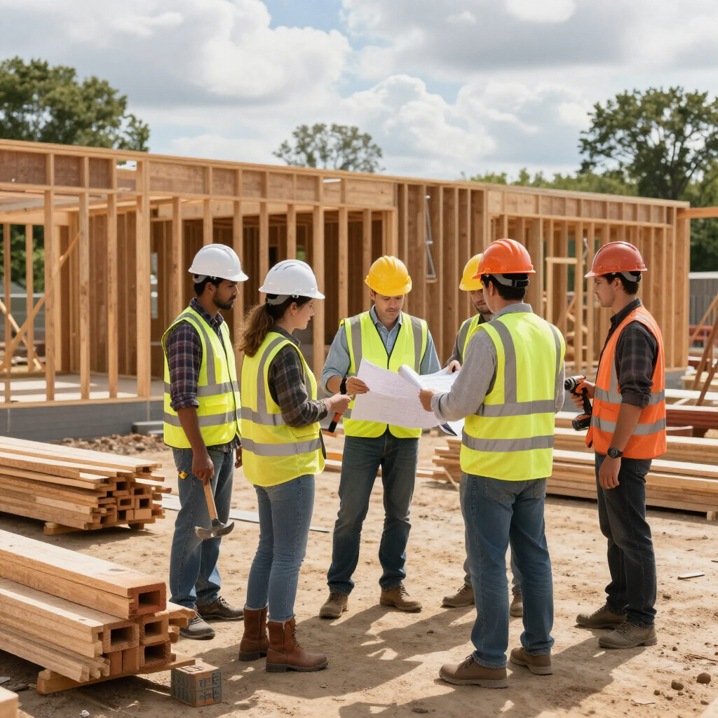 Construction workers in hard hats reviewing plans at a wooden house frame site