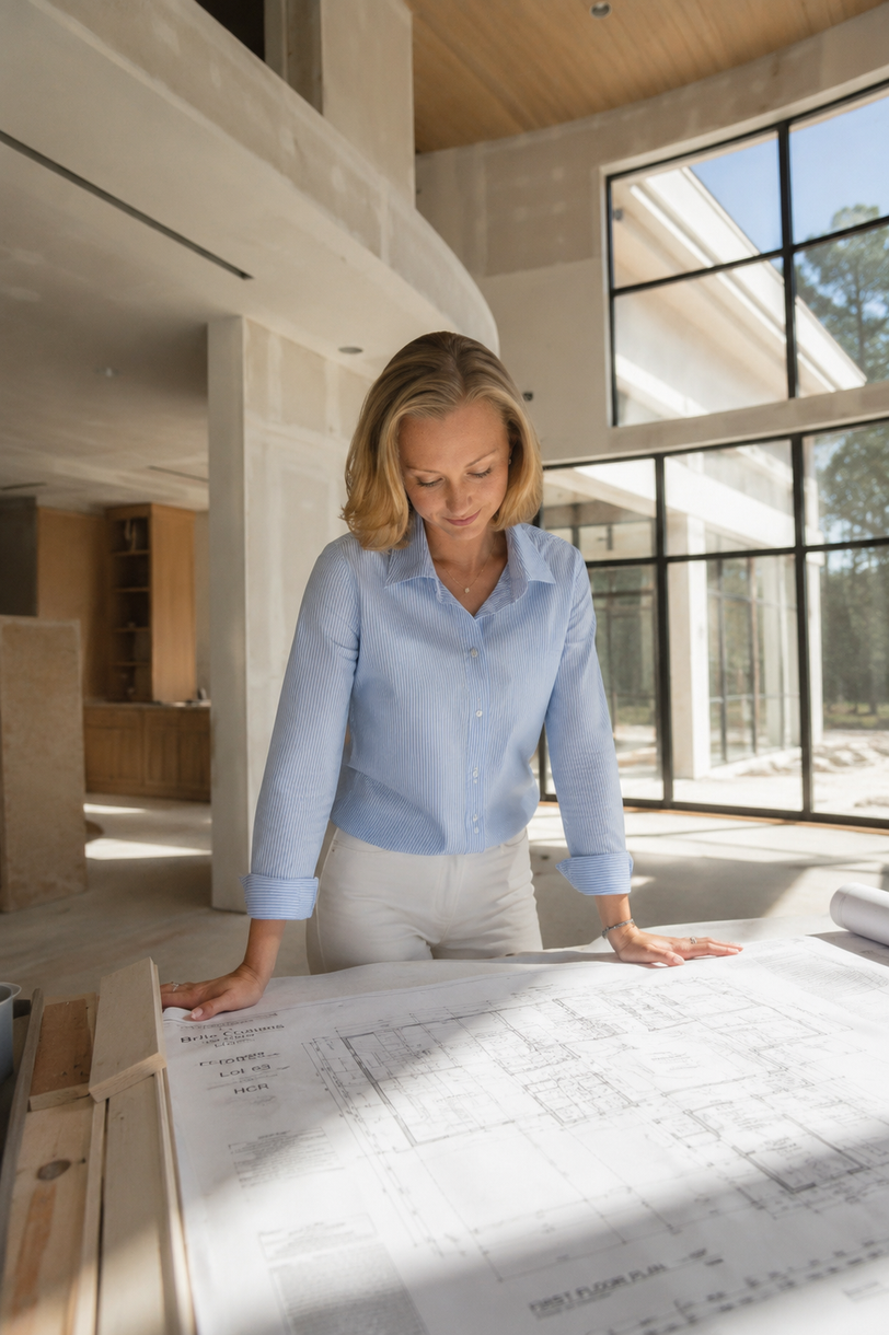 Alieta Sampley reviewing plans outdoors