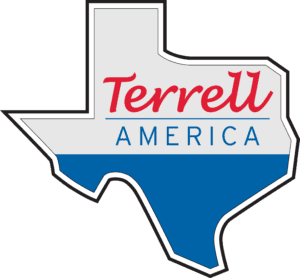 Terrell America logo inside Texas outline, red and blue text on white background