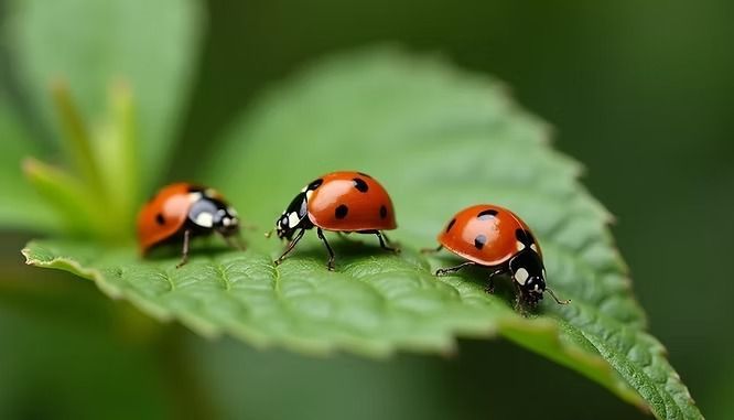 Three Red Ladybugs With Black Spots on a Green Leaf — NatureWise Pest Control In Port Macquarie, NSW