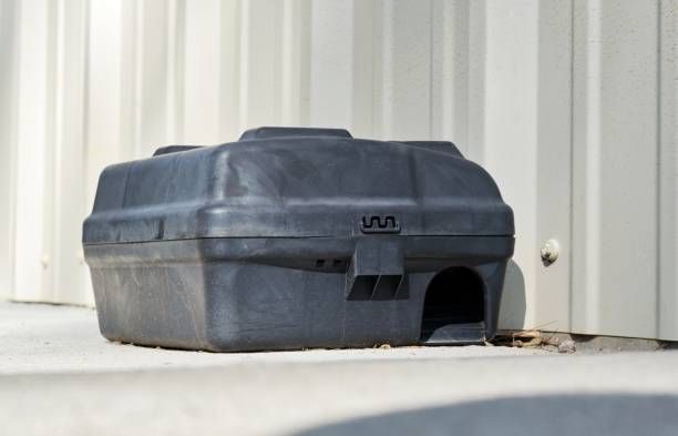 black closed rodent bait station lockable tamper resistant next to grey fence - rat control port macquarie