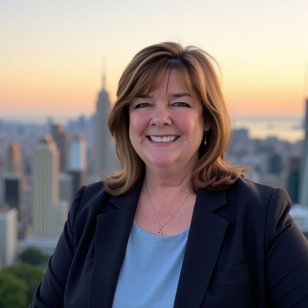 Woman in a blazer smiles, NYC skyline in the background. Claudia Loens headshot