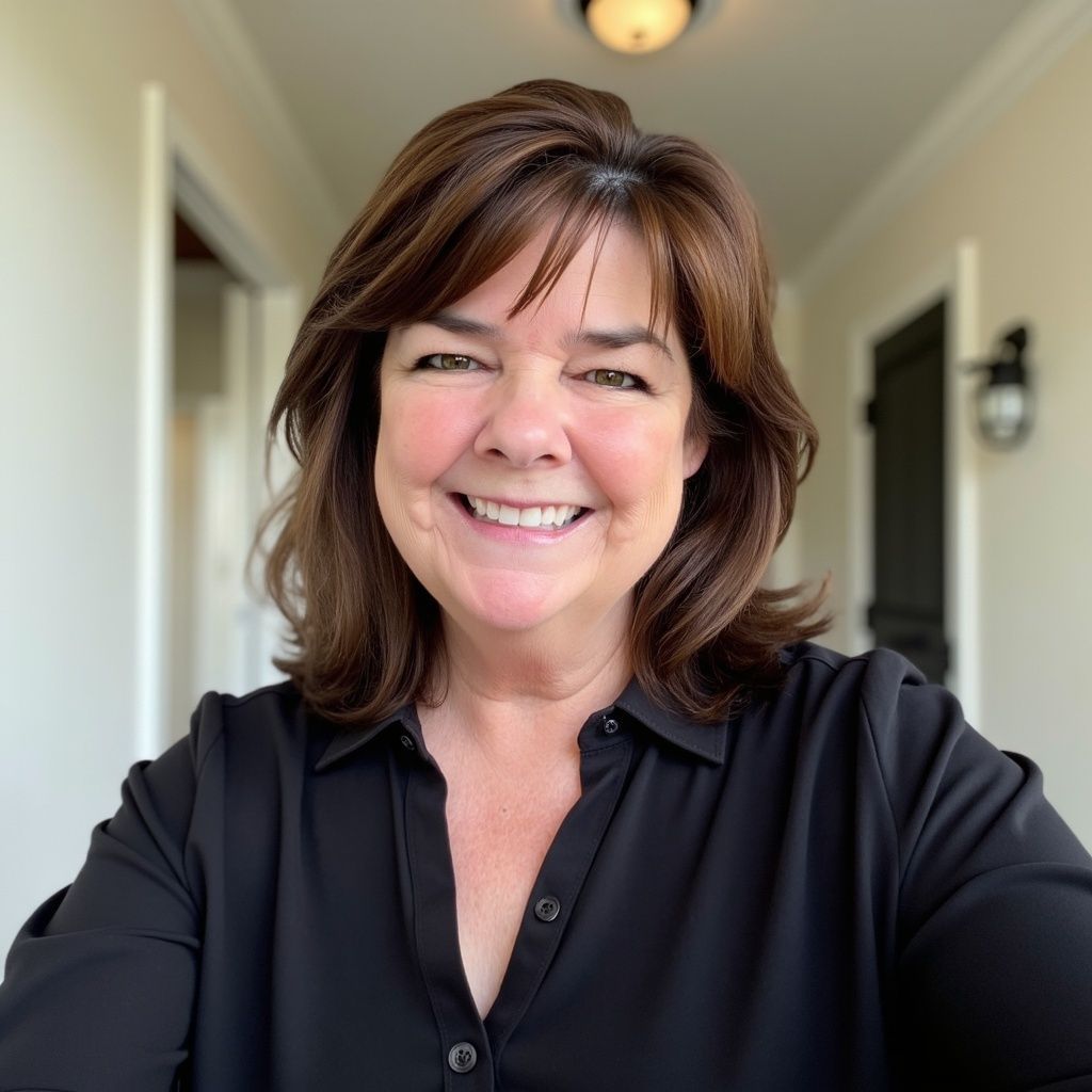 Claudia Loens - A smiling person with shoulder-length brown hair wearing a black button-down shirt, centered in a bright hallway.