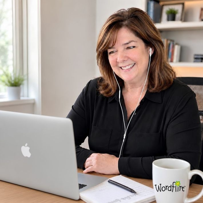 Smiling woman working on a laptop at a desk in a bright office