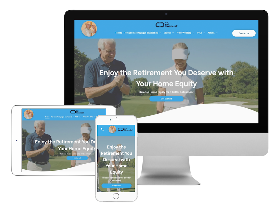 Responsive real estate website shown on desktop, tablet, and phone with a retiree couple hero image