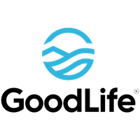 GoodLife logo with blue wave emblem above black text