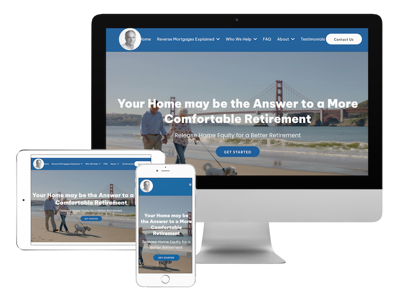 Responsive website mockup on desktop, tablet, and phone showing a waterfront home page design with blue header and hero banner