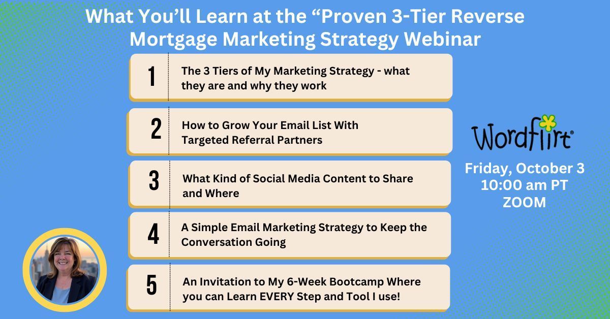 Webinar ad: Reverse mortgage marketing strategies. Includes steps, date, time, and speaker's photo.